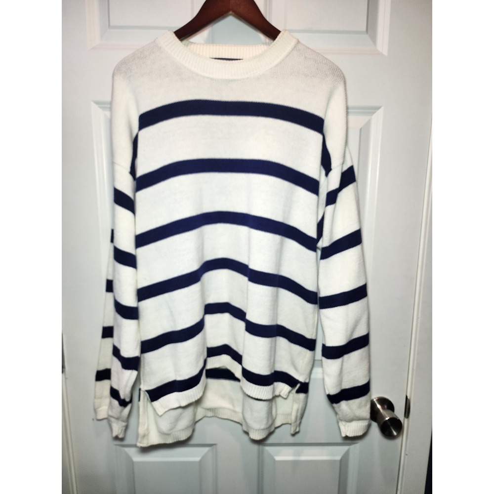 Vintage 80s Van Heusen Mens Large Striped Cotton Sweater Made in USA Navy White